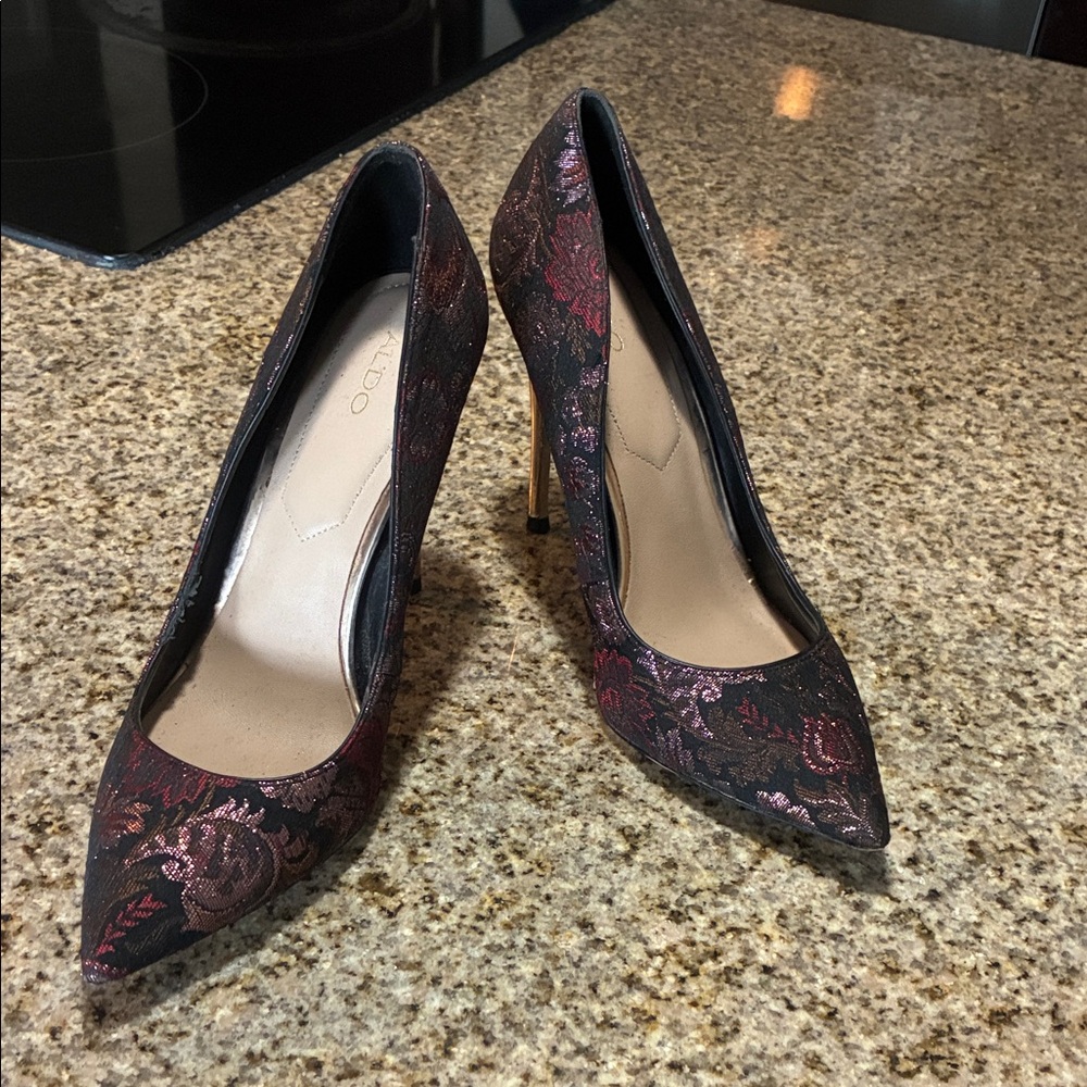 Aldo Elegant Black and Pink Floral Heels